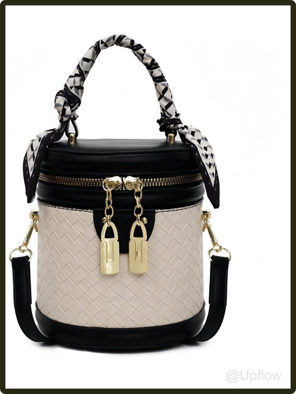Women's Woven Faux Leather Bucket Crossbody Bag Small Cylinder Purse Handbag